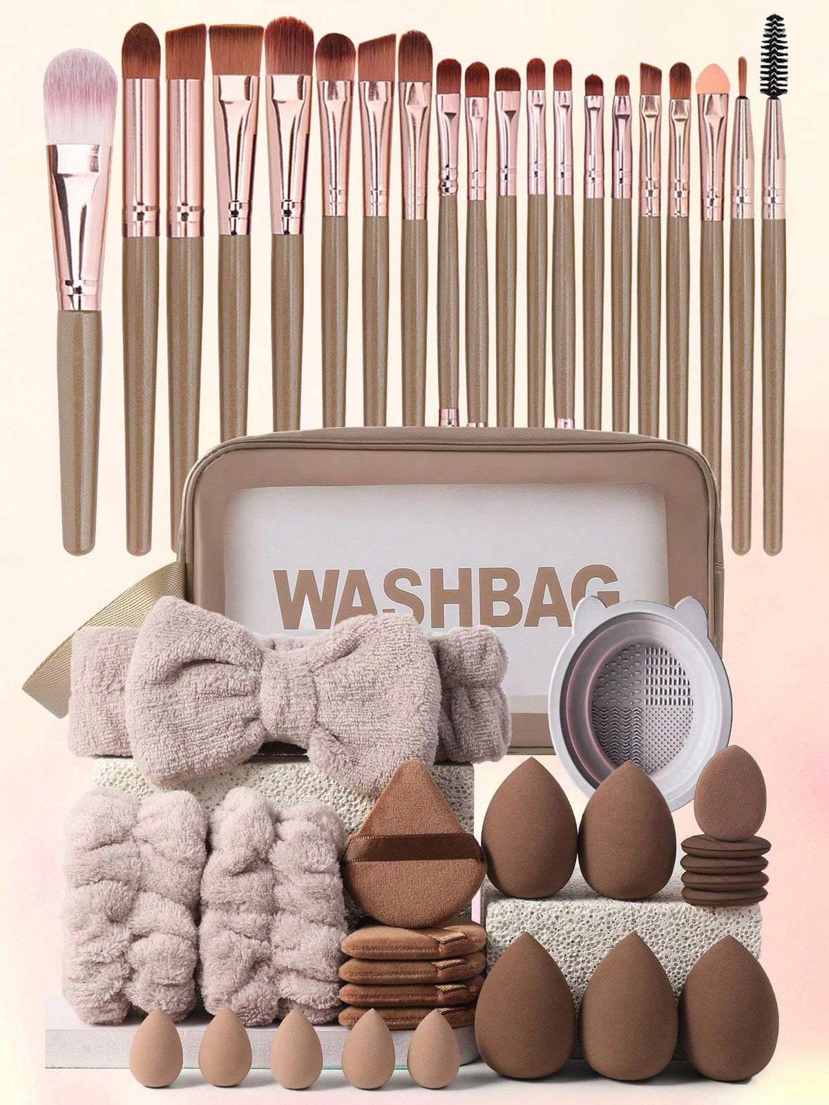 45/43/25/20/16/9/1Pc Makeup Brush Set, Mixed Makeup Beauty Tools, Including: 20 Makeup Brushes, 1 Makeup Bag, 5 Makeup Sponges, 5 Powder Puffs, 5 Mini Makeup Sponges, 5 Mini Finger Powder Puffs, 1 Headband, 2 Wristbands, 1 Cleaning Tool.