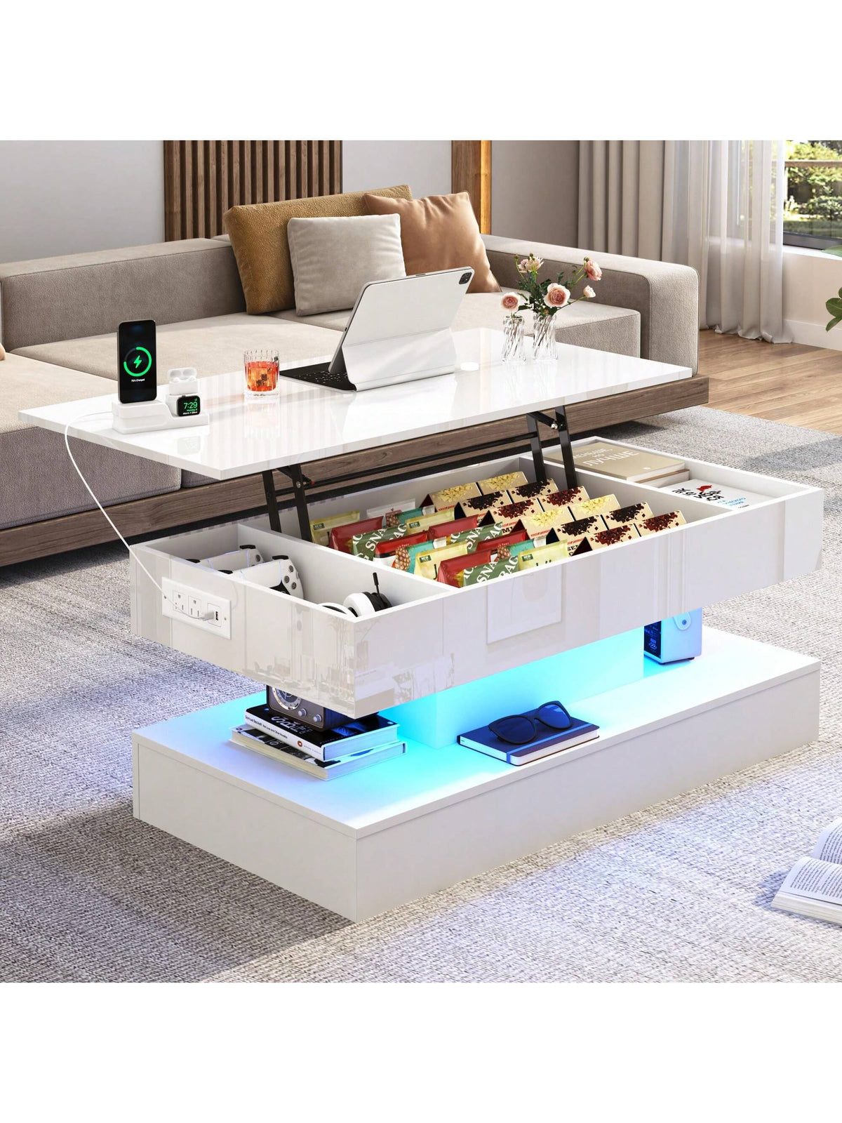 39.4"/47.2" Large Lift Top Coffee Table with Charging Station, LED Modern High Glossy Center Table with Hidden Compartment Storage, Lift Living Room Tables