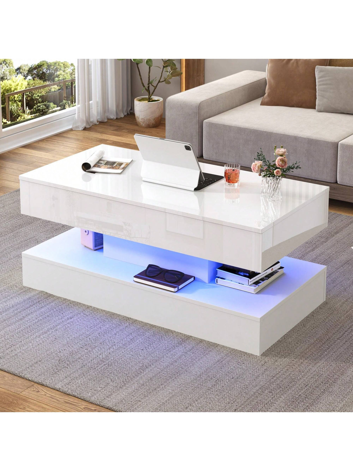 39.4"/47.2" Large Lift Top Coffee Table with Charging Station, LED Modern High Glossy Center Table with Hidden Compartment Storage, Lift Living Room Tables