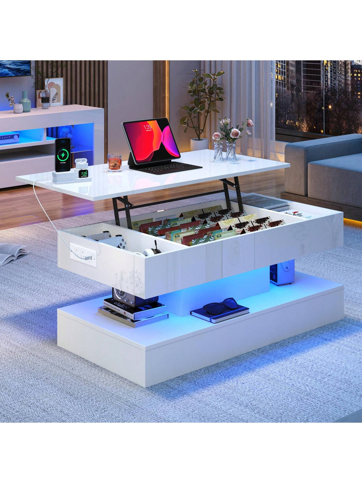 39.4"/47.2" Large Lift Top Coffee Table with Charging Station, LED Modern High Glossy Center Table with Hidden Compartment Storage, Lift Living Room Tables
