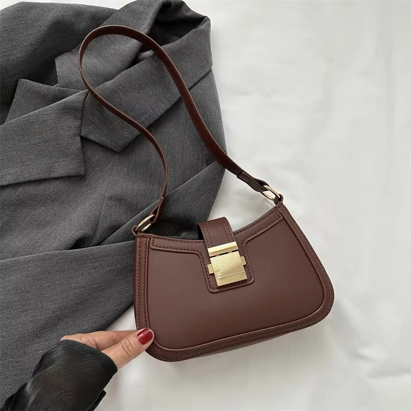 Women Vintage Handbag Brown PU Leather Gold Buckle Trendy Underarm Shoulder Bag Solid Color Handbag Women Luxury Simple Tote Bag