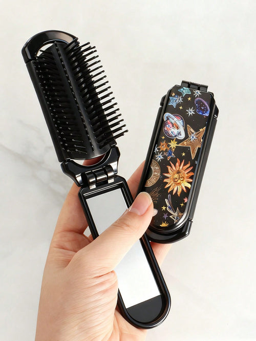 1Pc Foldable Comb with Mirror & Hair Brush, Abstract Star, Moon, Planet Pattern, Compact & Portable, Unisex Gift,Hair Brush,Slick Back Brush,Styling Brush,Curly Hair Brush,Edge Brush,Hair Comb,Brush Hair,Hair Brush Set,Comb Hair,Comb for Curls,Detangling Brush,Hair Brush for Women,Hair,Travel,Hair Products,Hair Tools,Hair Stuff,Barber,Barber Accessories,Barbershop,Hairdressing Equipment