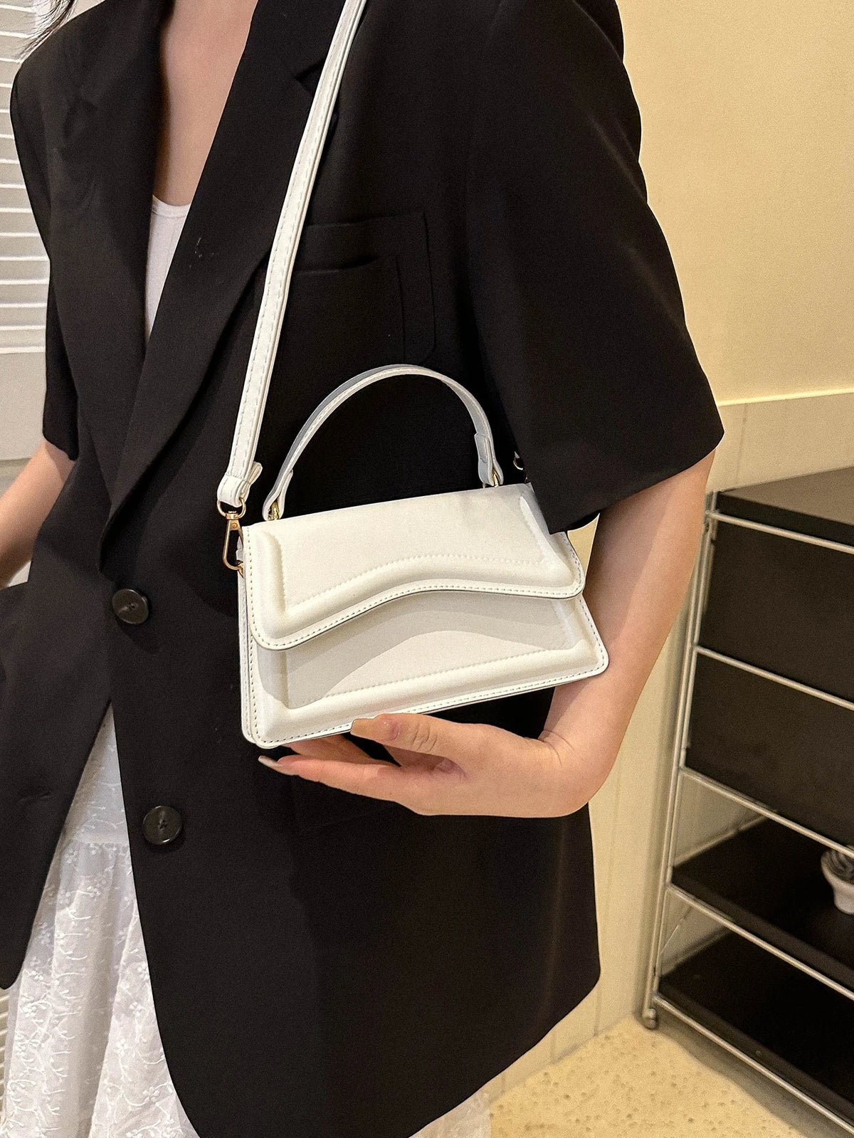 Mini Fashionable Solid Color Handbag with Flap & Adjustable Shoulder Strap, Cream Bag, White Bag