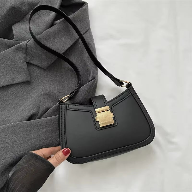 Women Vintage Handbag Brown PU Leather Gold Buckle Trendy Underarm Shoulder Bag Solid Color Handbag Women Luxury Simple Tote Bag