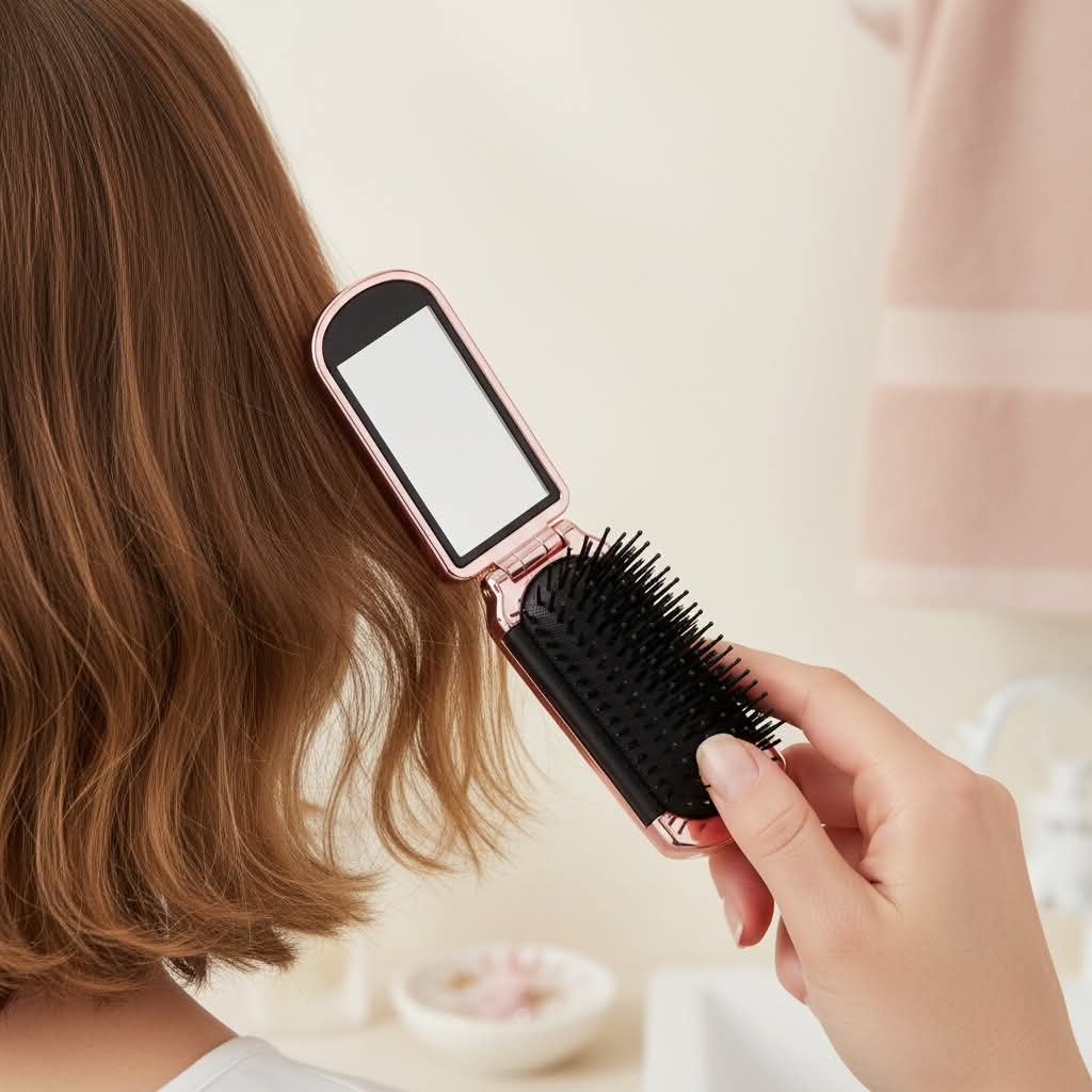Pink folding comb with mirror – Compact and detangling
