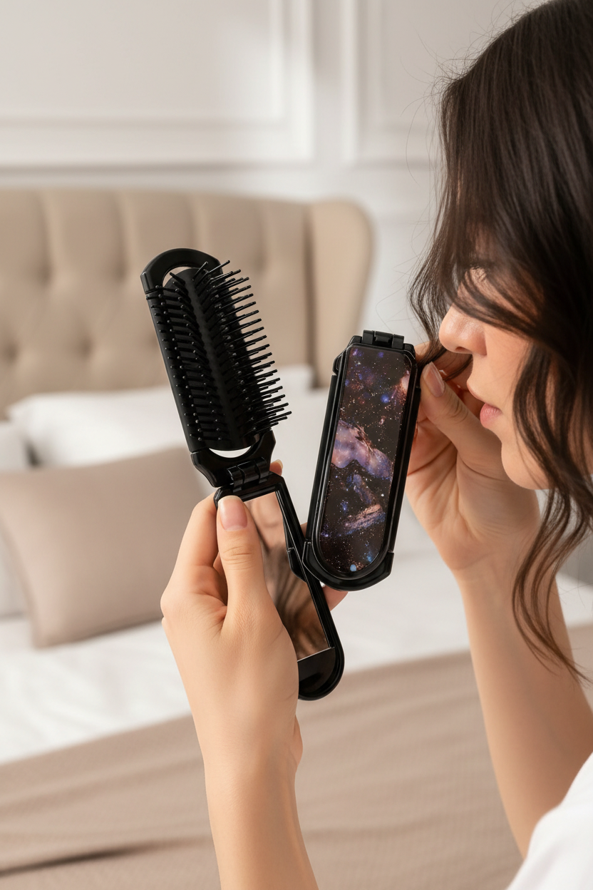 Foldable hairbrush with integrated mirror, galaxy pattern