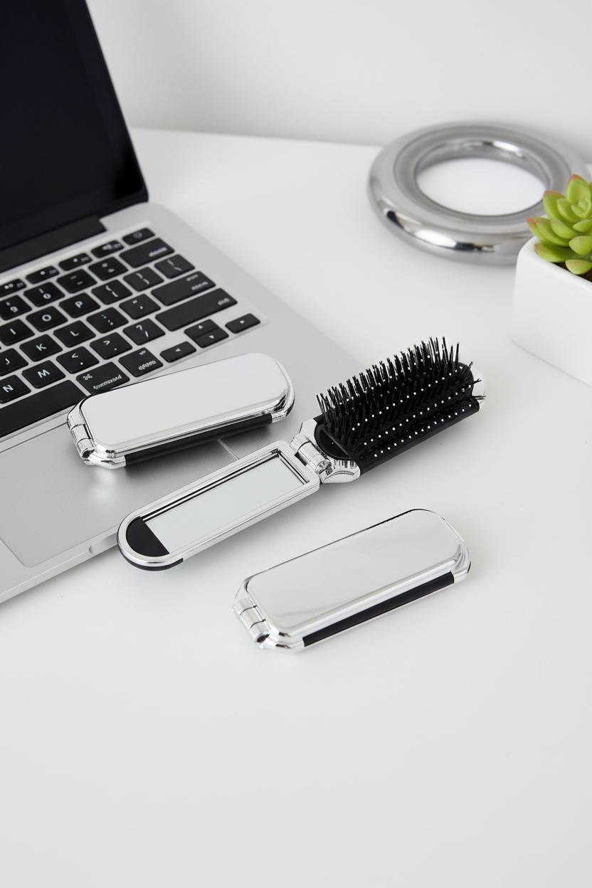 Silver foldable hairbrush with integrated mirror