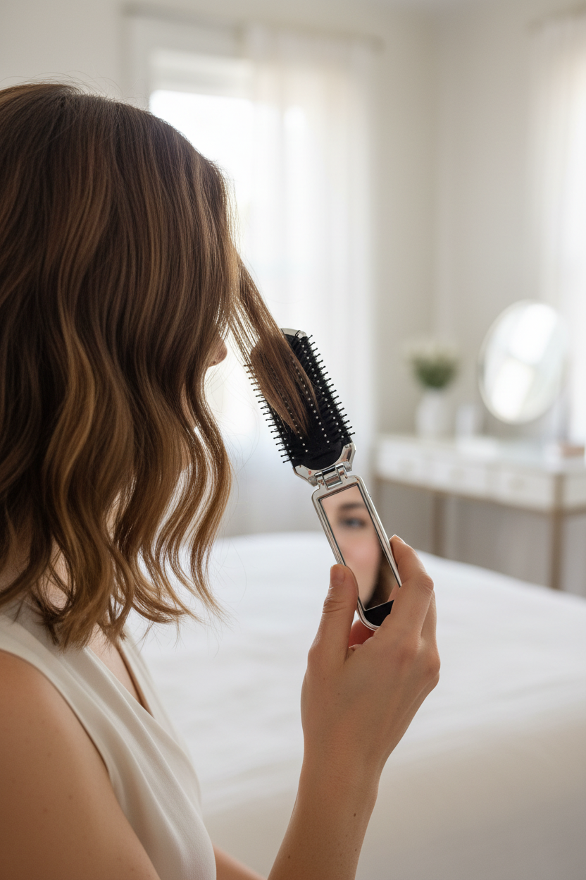 Silver foldable hairbrush with integrated mirror