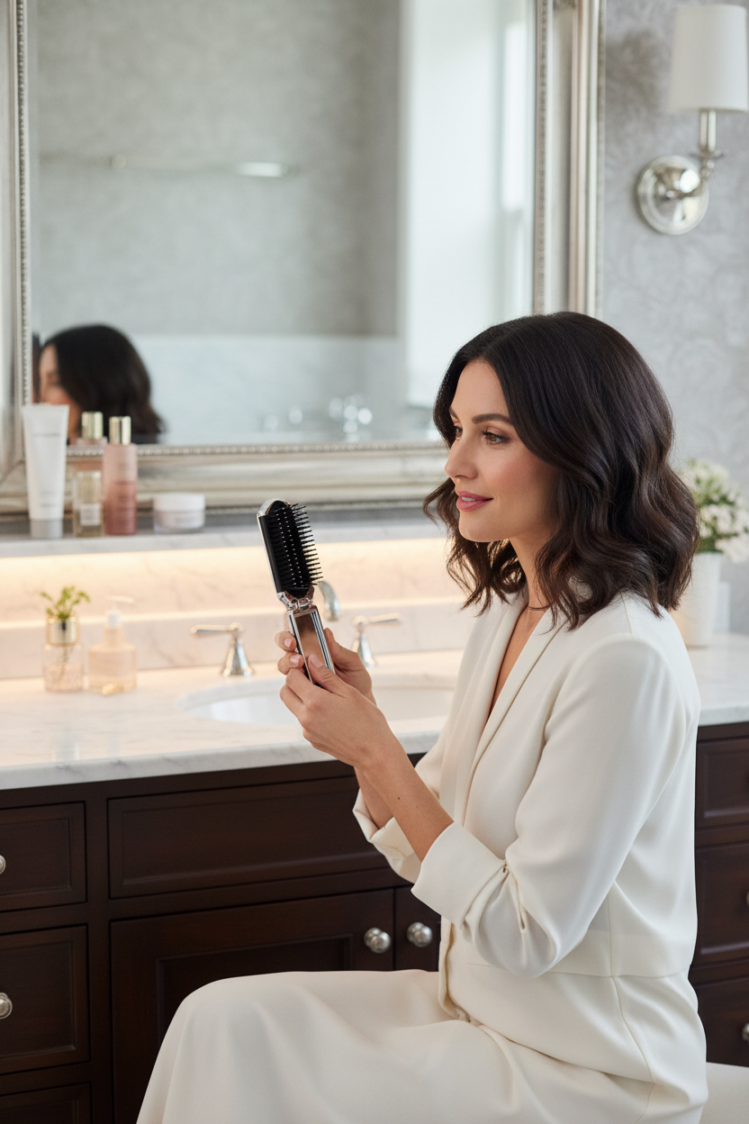Silver foldable hairbrush with integrated mirror