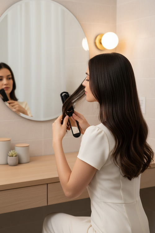 Foldable hairbrush with integrated mirror, galaxy pattern