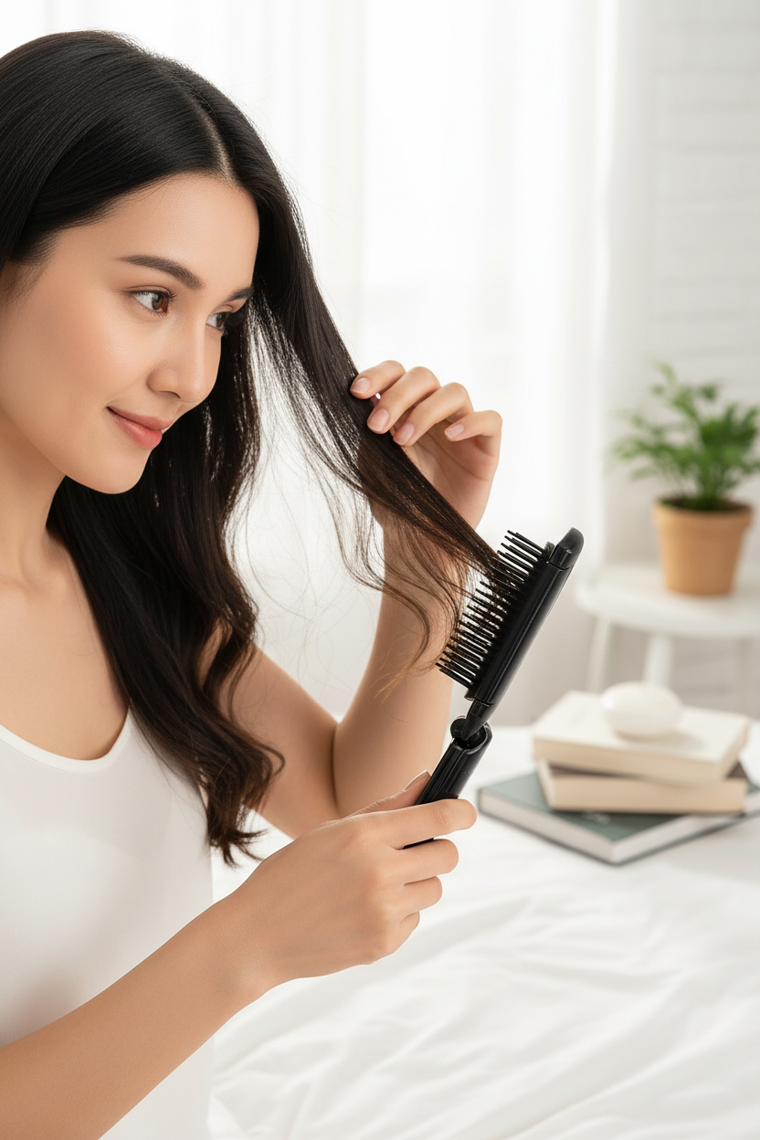 Foldable hairbrush with integrated mirror, galaxy pattern