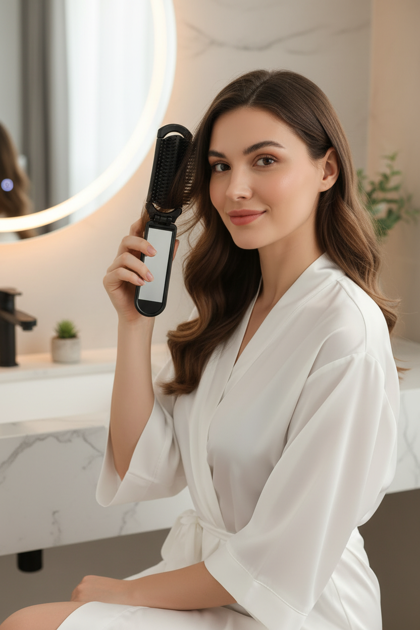 Foldable hairbrush with integrated mirror, space pattern