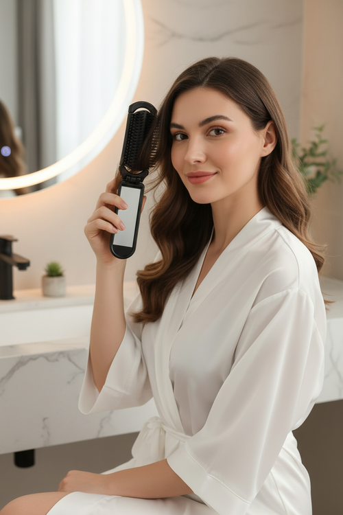 Foldable hairbrush with integrated mirror, space pattern
