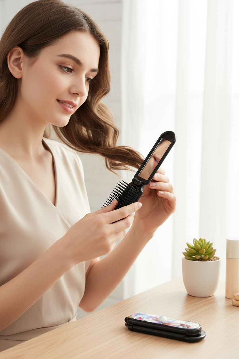 Foldable hairbrush with mirror, floral pattern