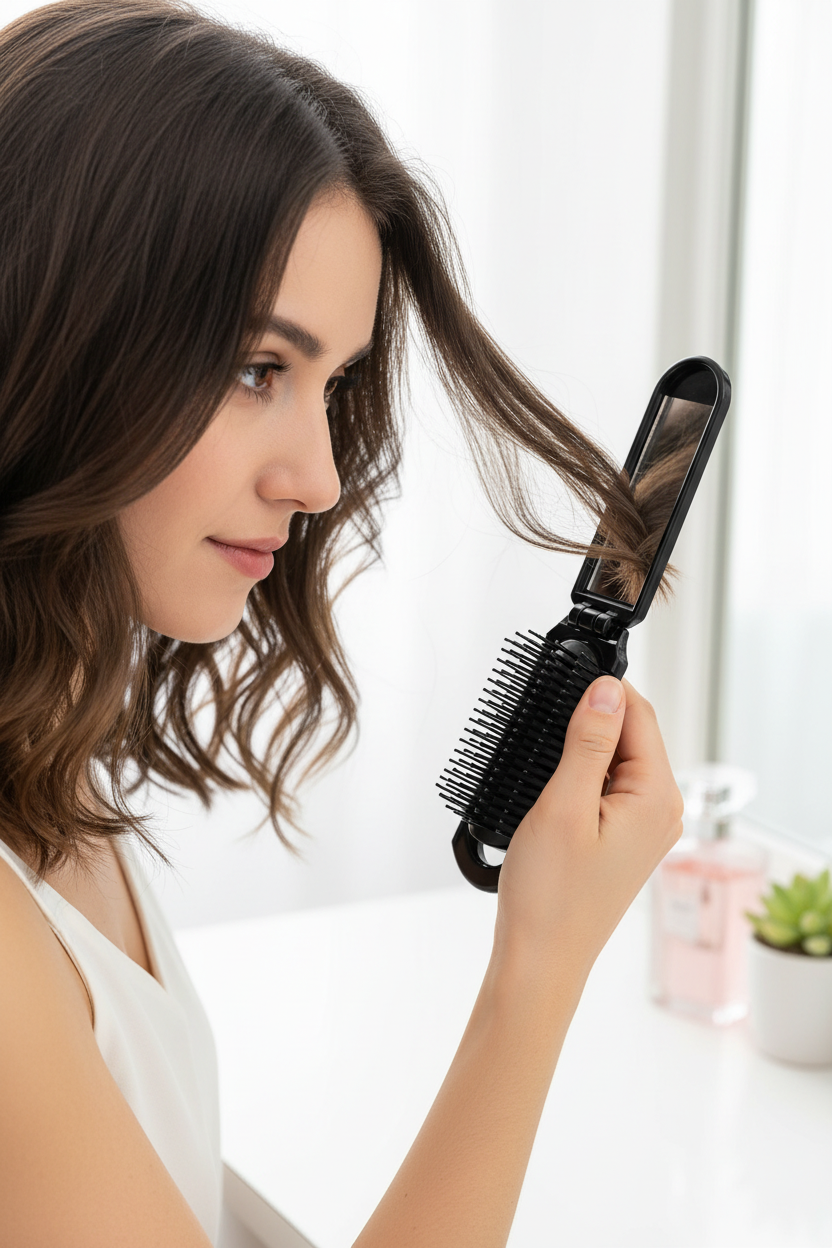 Foldable hairbrush with mirror, floral pattern