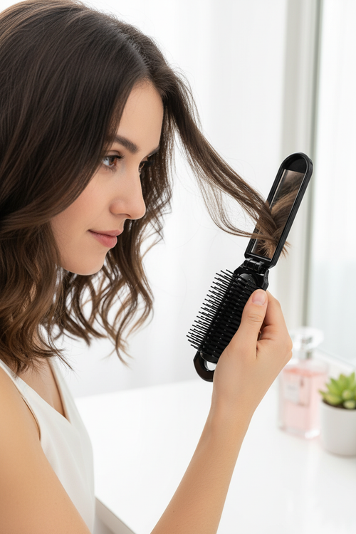 Foldable hairbrush with mirror, floral pattern