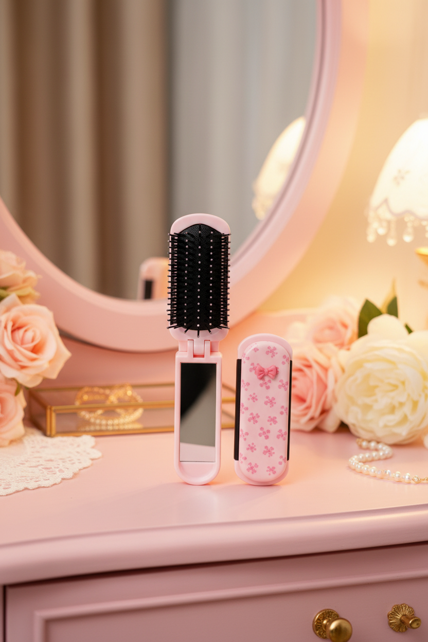 Foldable hairbrush with built-in mirror, floral pattern