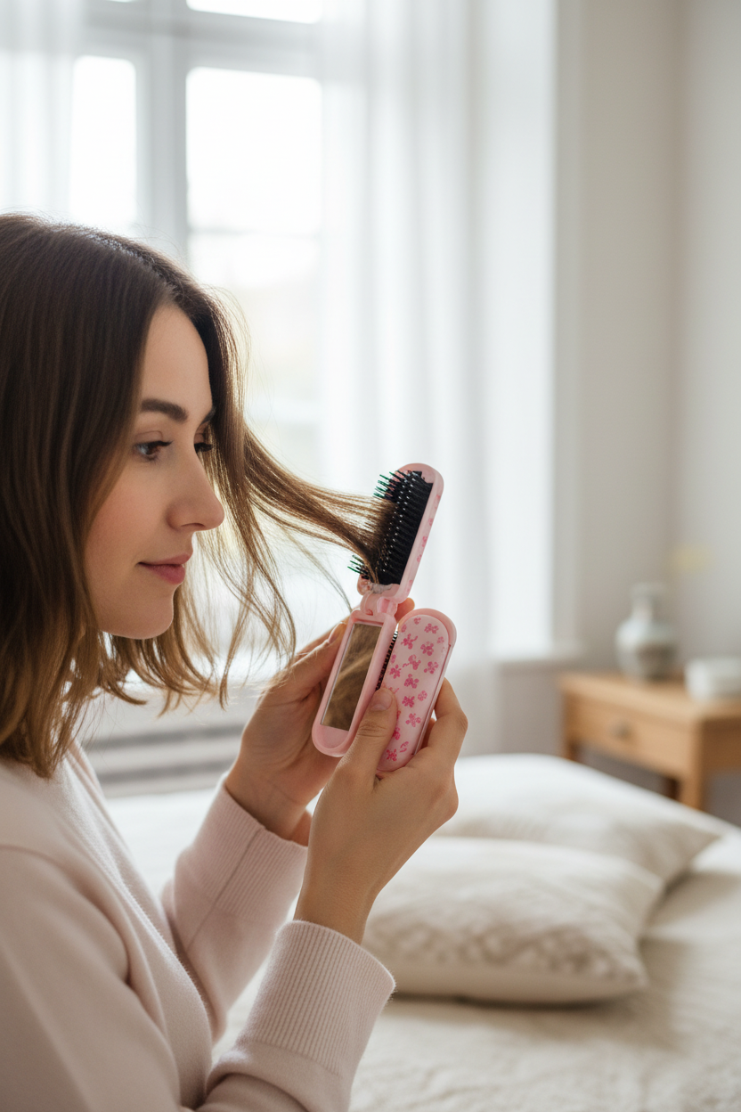 Foldable hairbrush with built-in mirror, floral pattern