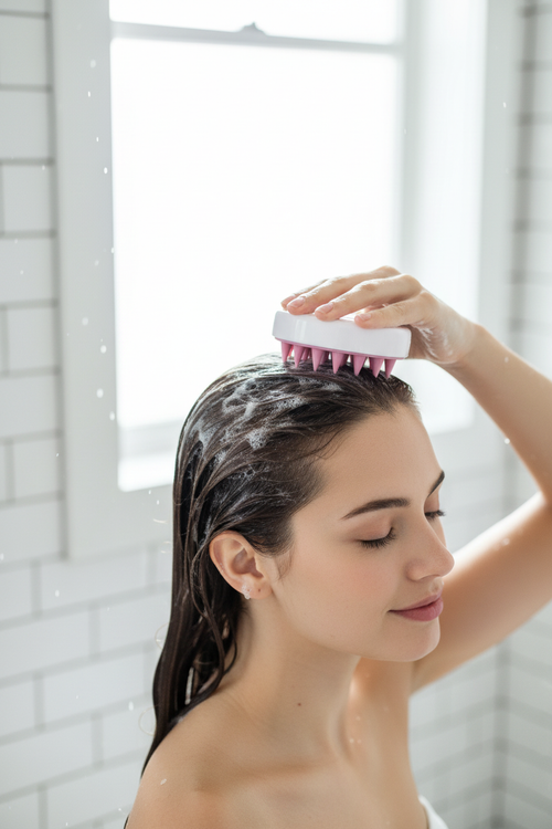 Pink silicone scalp massage brush