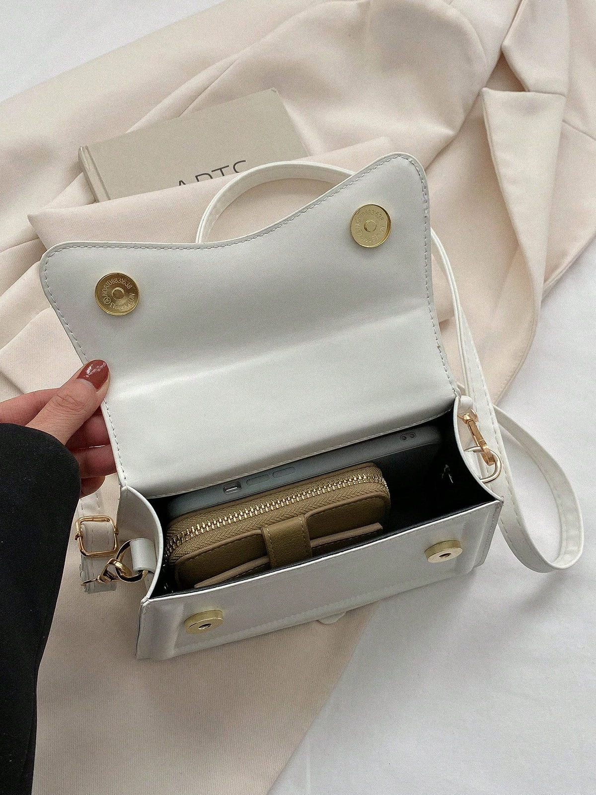 Mini Fashionable Solid Color Handbag with Flap & Adjustable Shoulder Strap, Cream Bag, White Bag