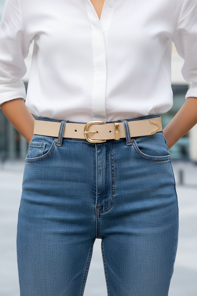 Beige leather belt with a geometric gold buckle