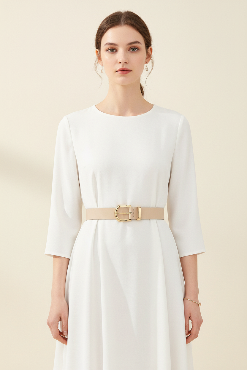 Beige leather belt with a geometric gold buckle