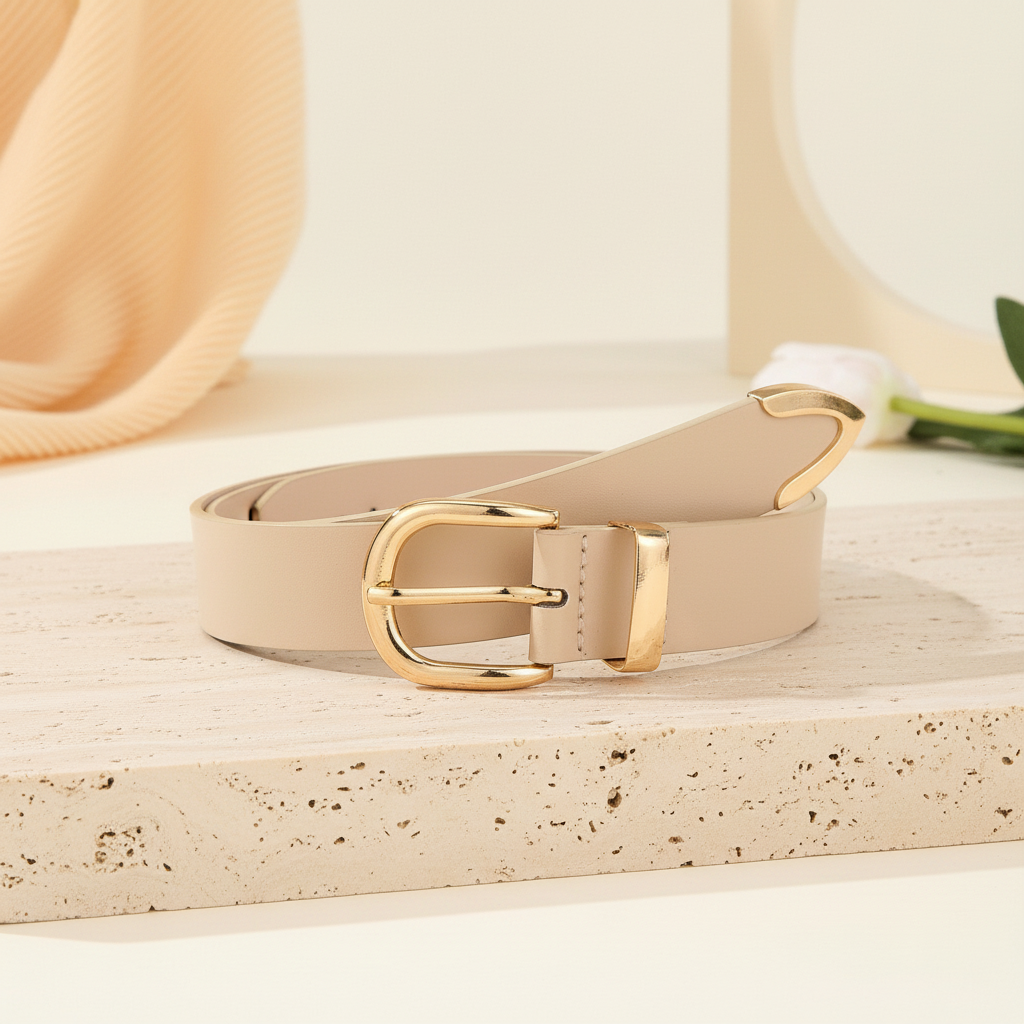 Beige leather belt with a geometric gold buckle