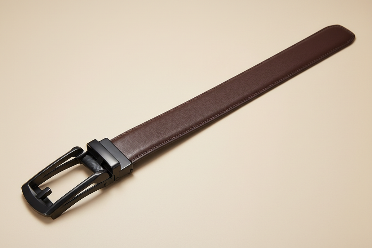 Coffee brown leather belt with black automatic buckle