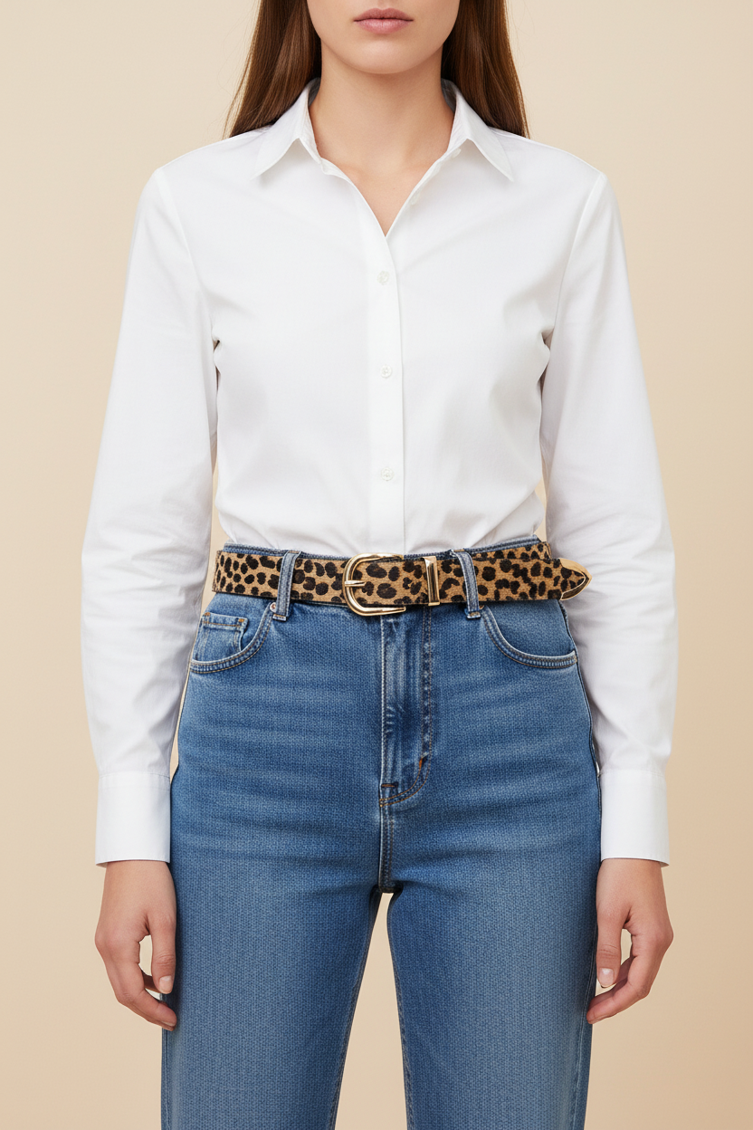 Brown leopard print leather belt with gold buckle