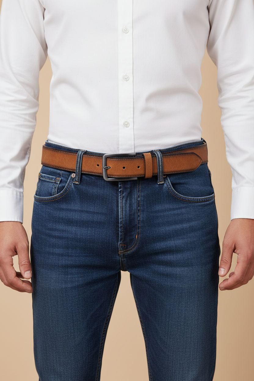 Men's brown grained leather belt with a square buckle