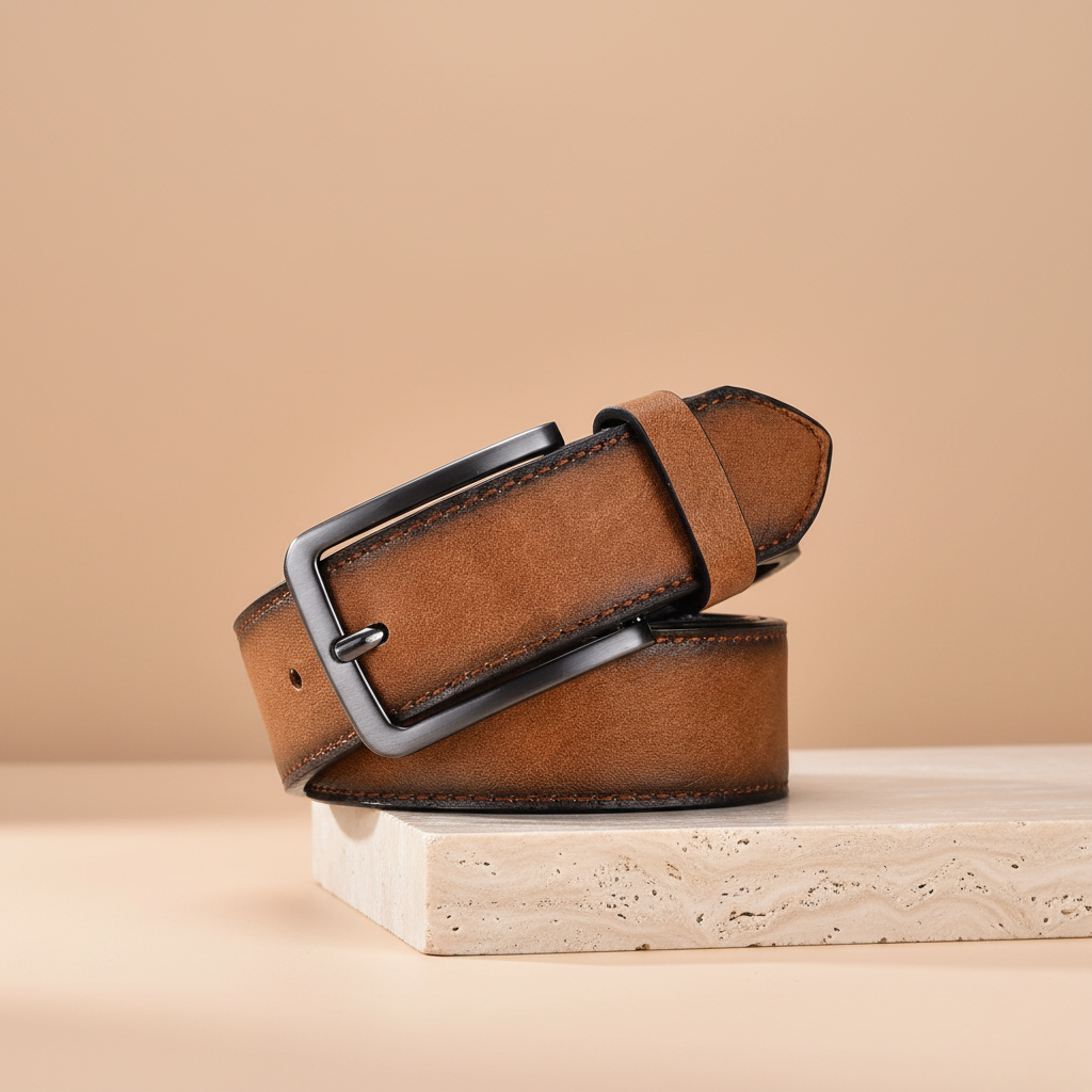 Men's brown grained leather belt with a square buckle