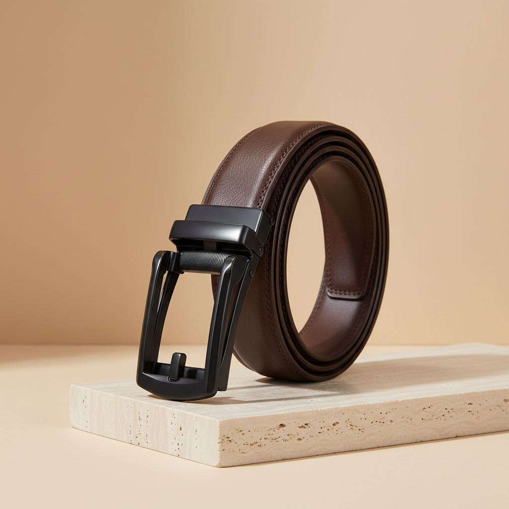 Coffee brown leather belt with black automatic buckle