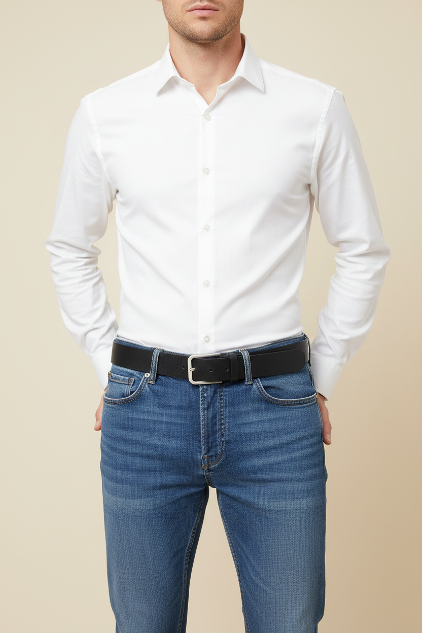 Men's black leather belt with a square buckle