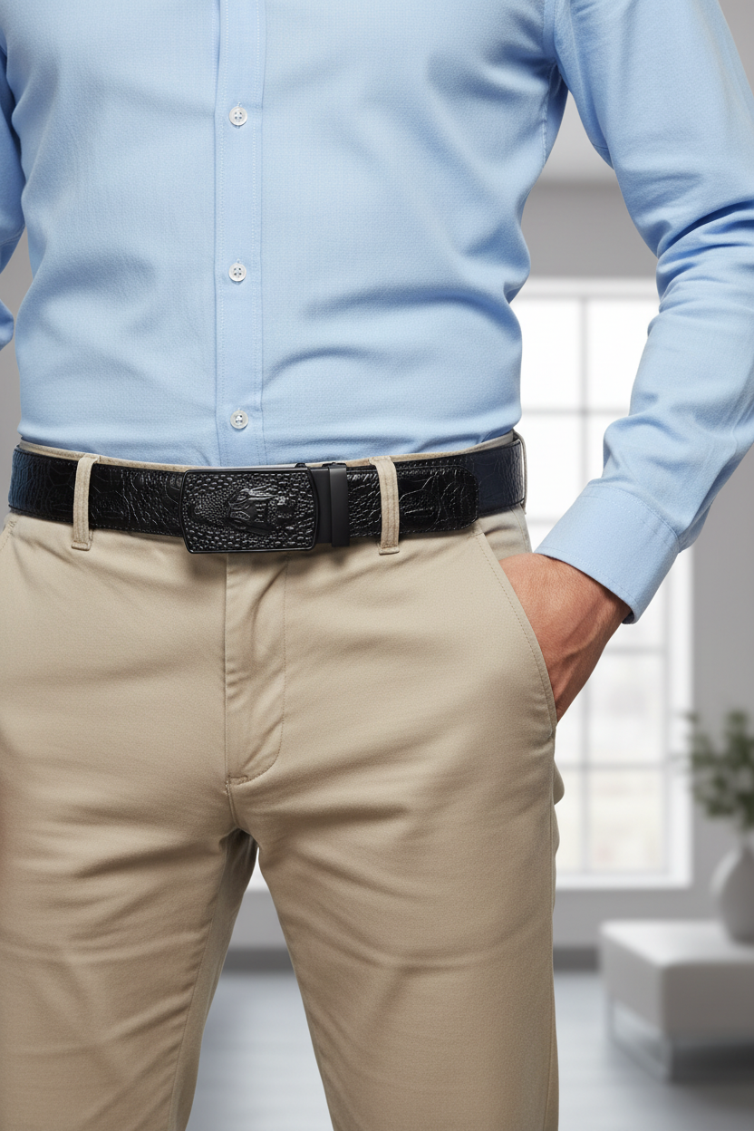 Black crocodile-effect leather belt with automatic buckle