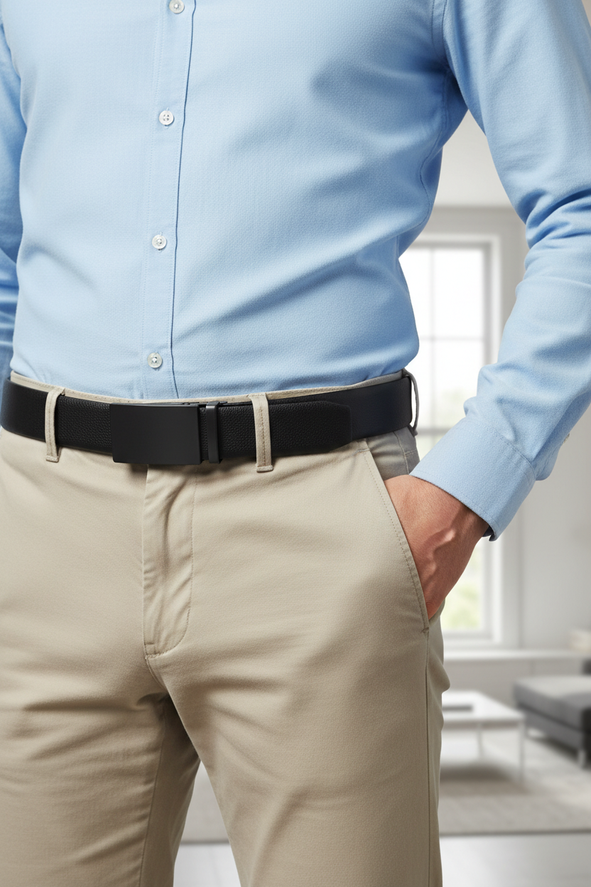 Men's black grained leather belt with automatic buckle