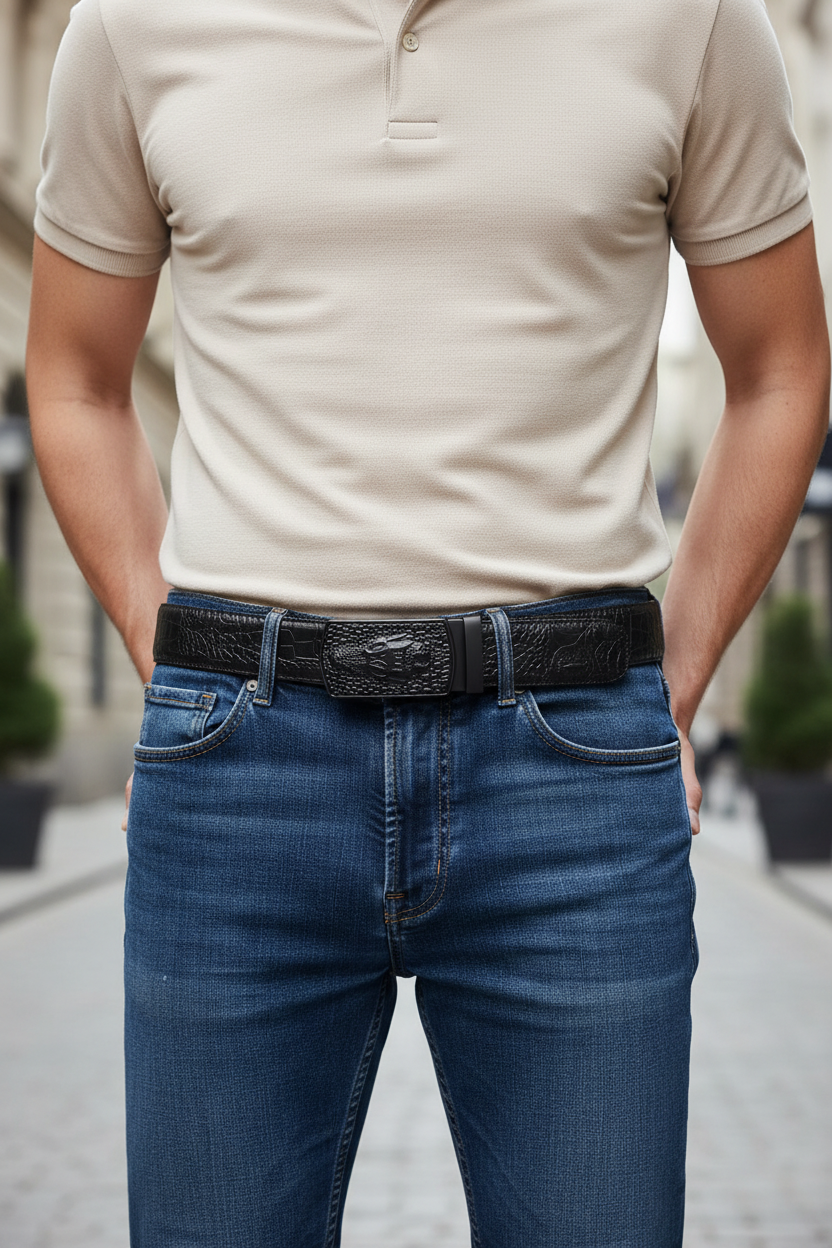 Black crocodile-effect leather belt with automatic buckle