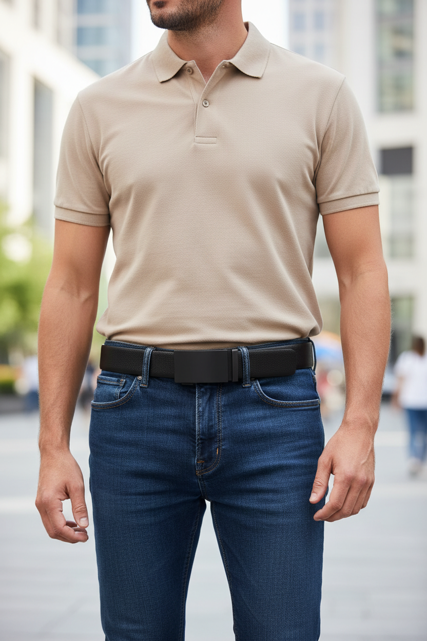 Men's black grained leather belt with automatic buckle