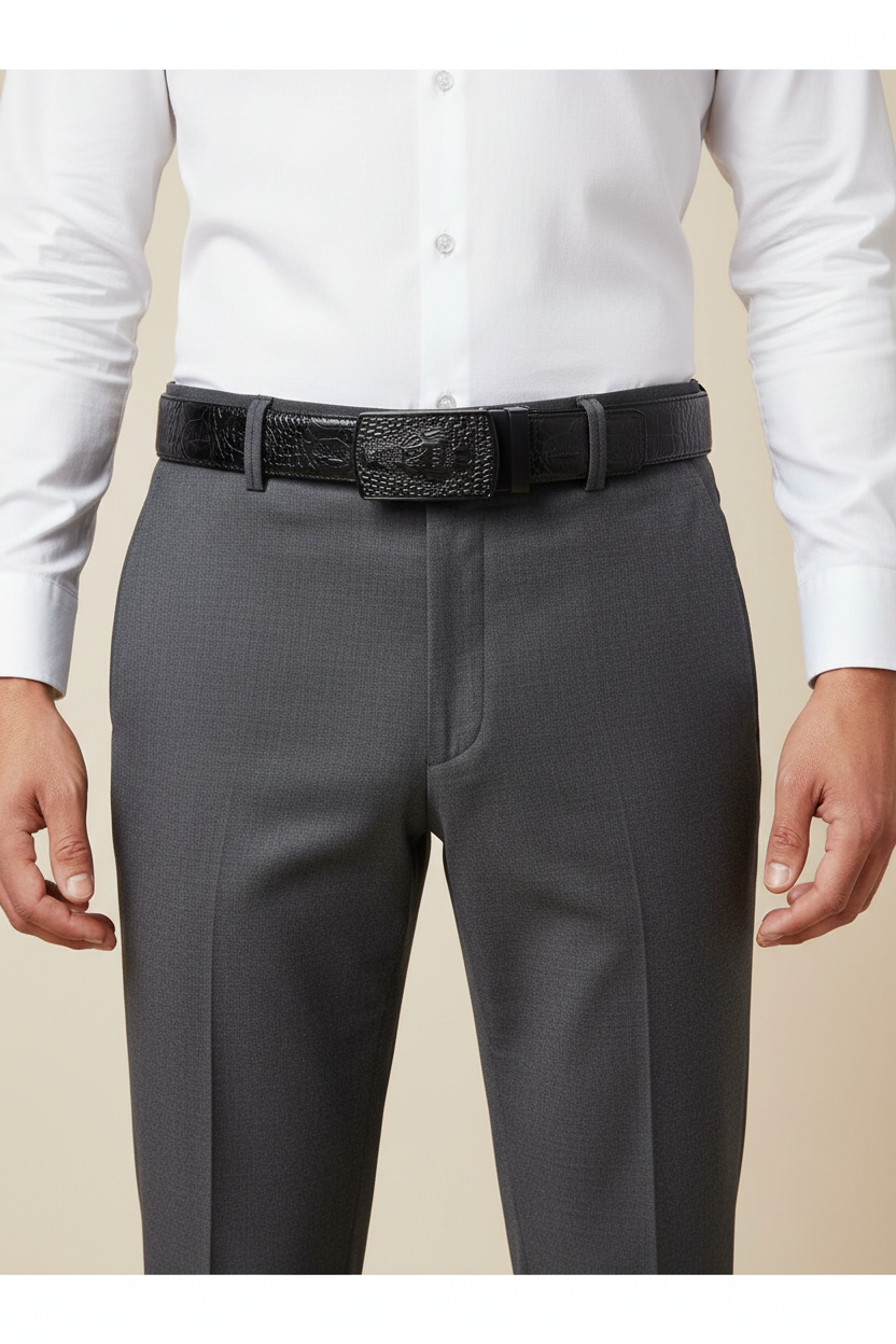 Black crocodile-effect leather belt with automatic buckle