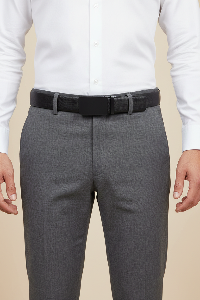 Men's black grained leather belt with automatic buckle