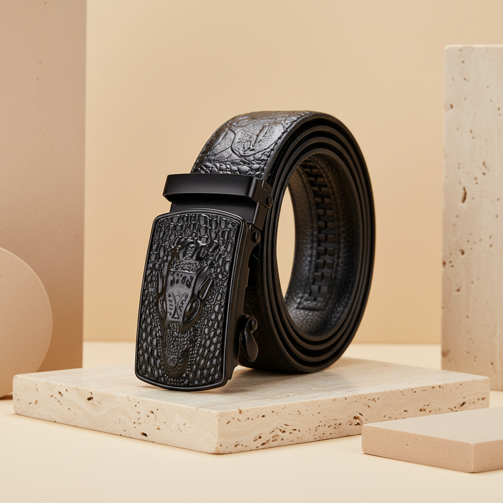 Black crocodile-effect leather belt with automatic buckle