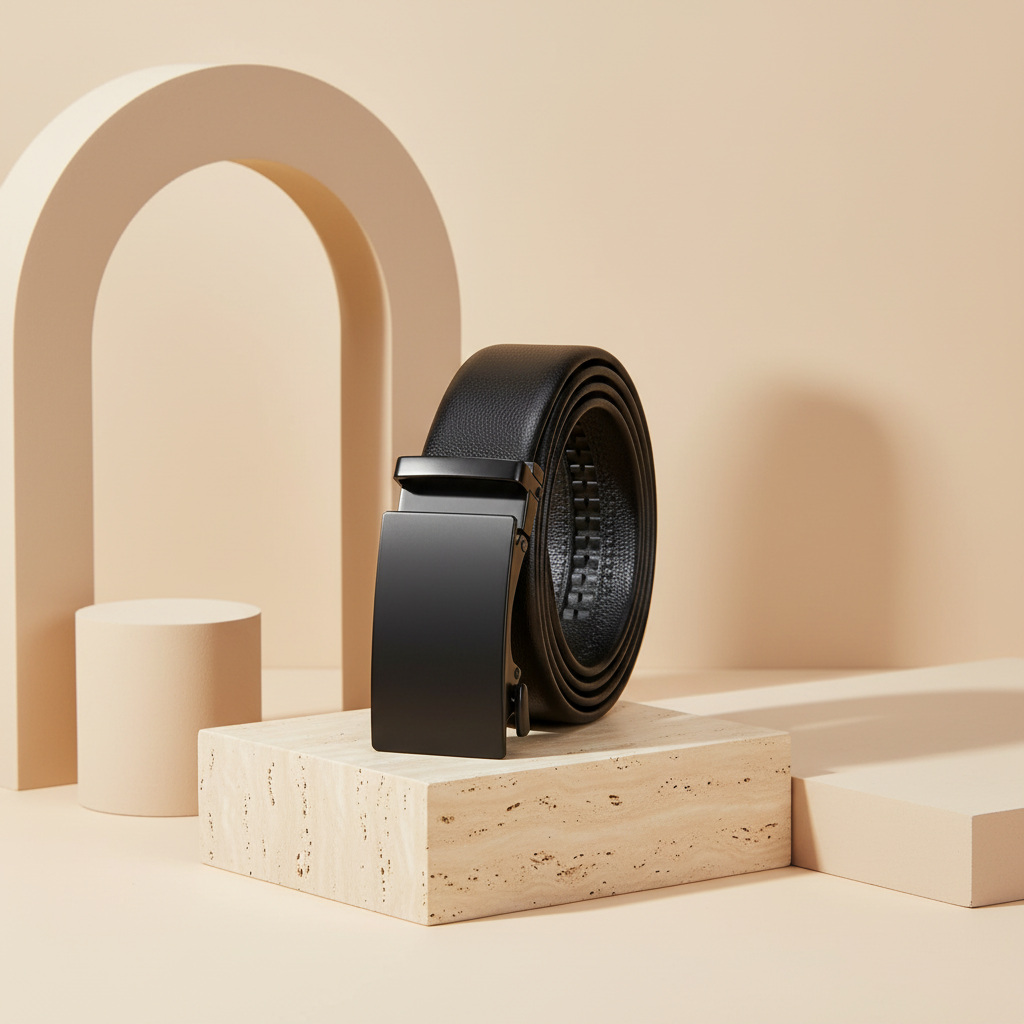 Men's black grained leather belt with automatic buckle