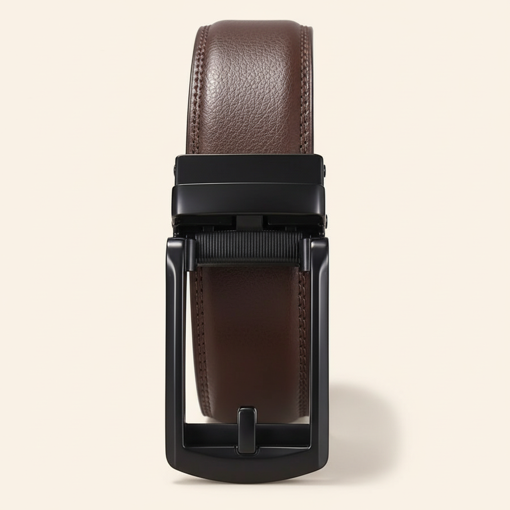 Coffee brown leather belt with black automatic buckle