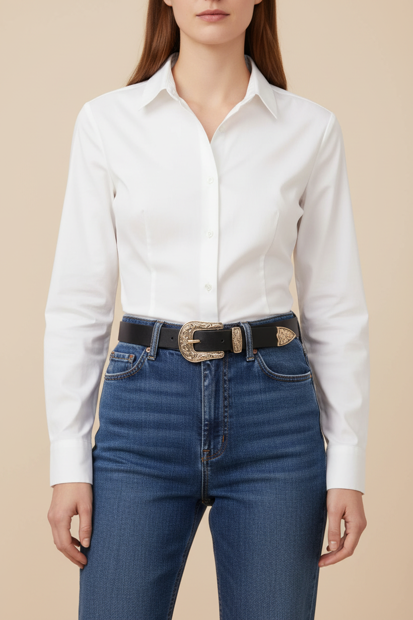 Women's black leather western belt with metal buckle