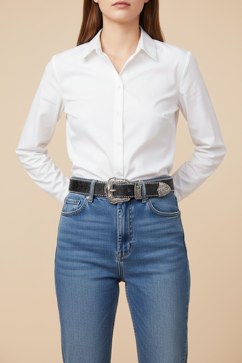 Black western leather belt with engraved buckle – Unisex