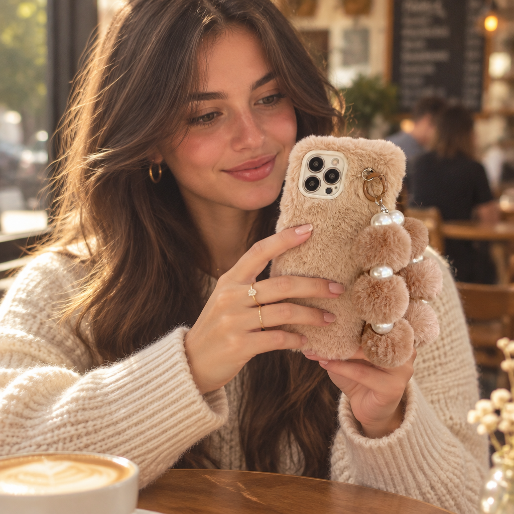 Brown Plush Phone Case with Lanyard for iPhone 12