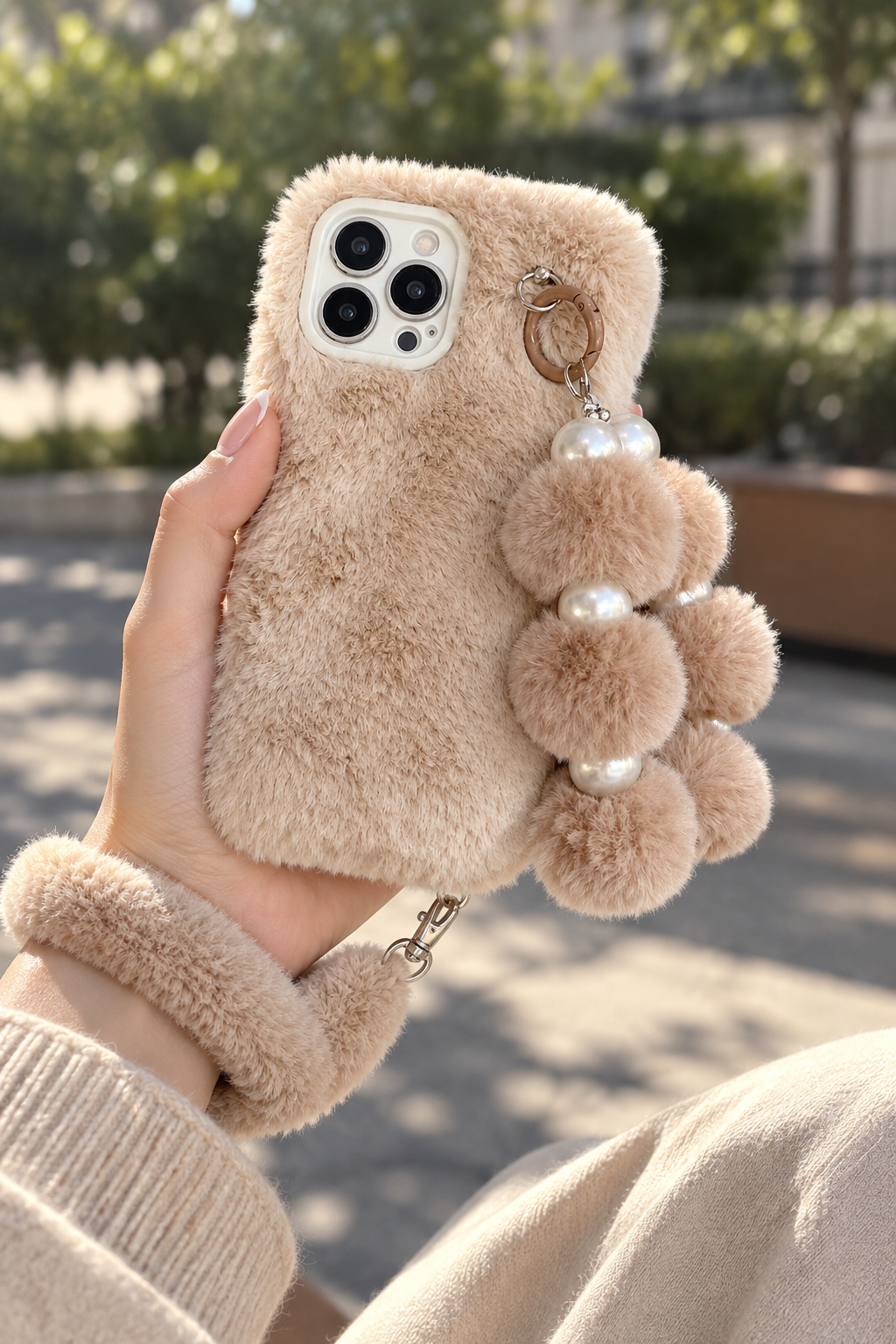 Brown Plush Phone Case with Lanyard for iPhone 12