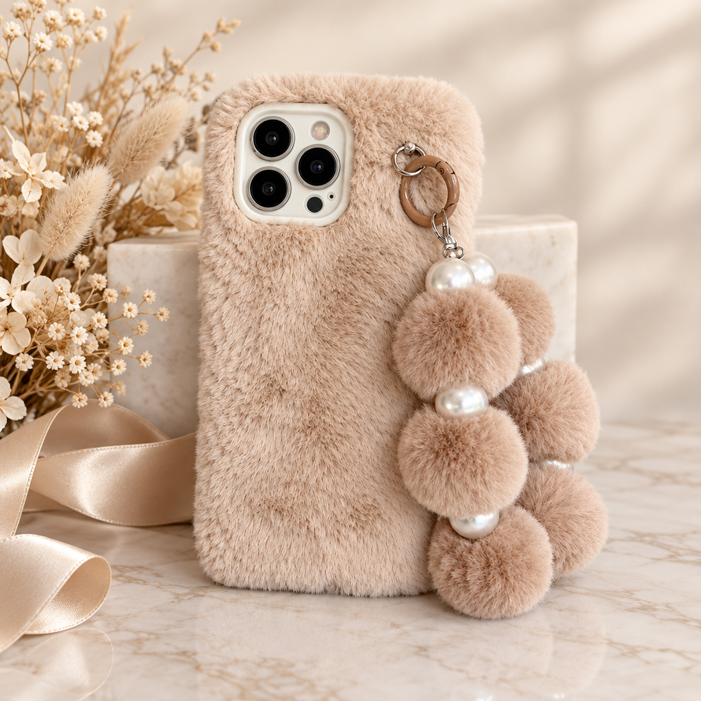 Brown Plush Phone Case with Lanyard for iPhone 12