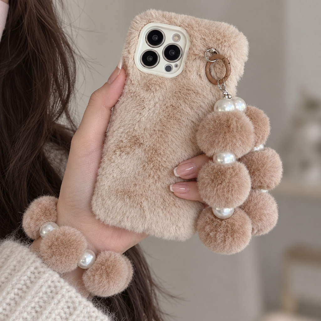 Brown Plush Phone Case with Lanyard for iPhone 12