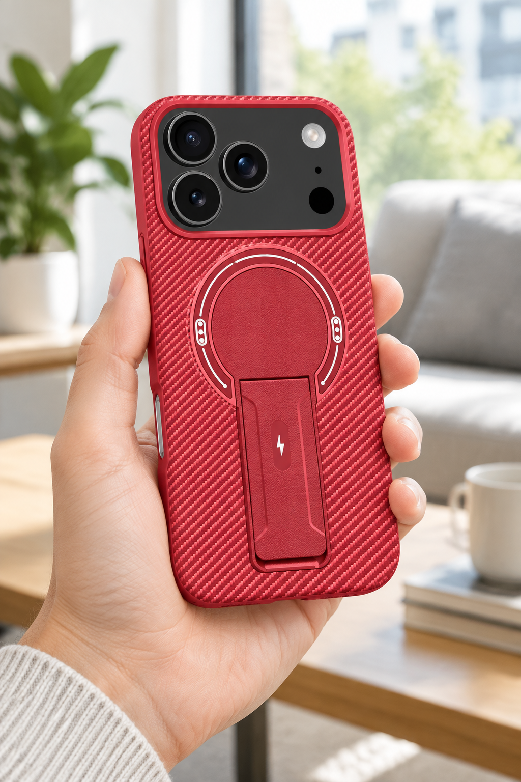 Coque rouge effet carbone magnétique pour iPhone 17 Pro Max