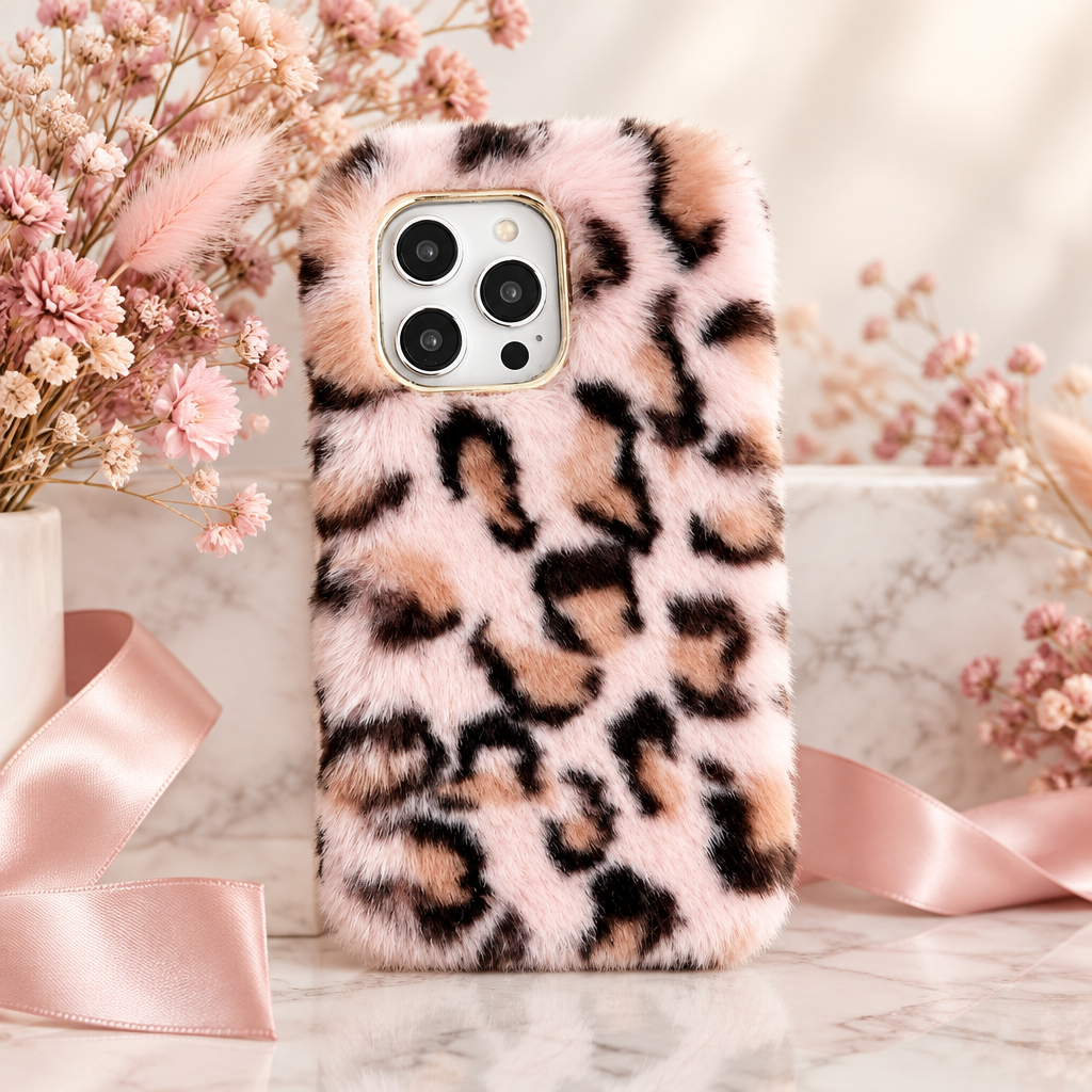 Étui de téléphone en peluche à motif léopard rose pour iPhone 12 Pro Max